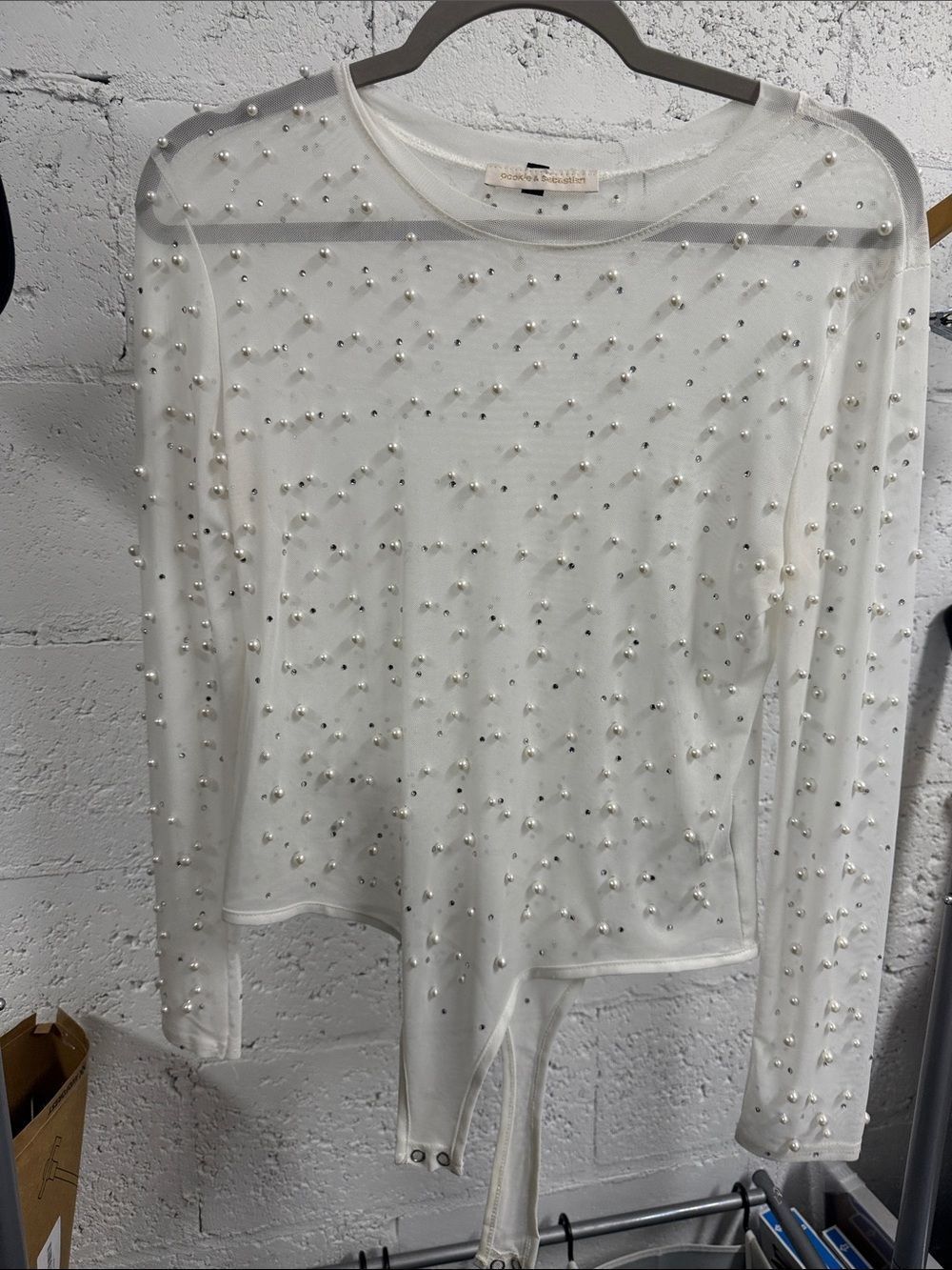 Pearl-Embellished White Long-Sleeve Top POOKIE & SEBASTIAN - Size Small - NWOT